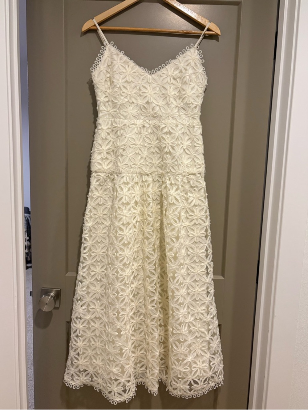 Spaghetti Strap Floral Lace Midi Dress in off white